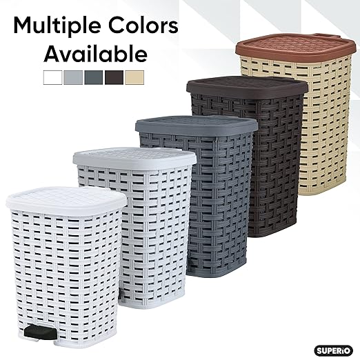 Superio Small Outdoor Trash Can with Lid for Dog Poop 6.8 Gallon/26 L Step On Plastic Garbage Can with Foot Pedal for Bathroom Bedroom Office Patio Wicker Smoke
