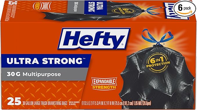 Hefty Ultra Strong Multipurpose Large Trash Bags Black Unscented Scent 30 Gallon 25 Count (Pack of 6) 150 Total
