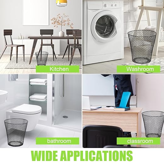 10 Pack 9 inch Round Waste BasketWire Mesh Desk Metal Trash Garbage Can Wastebasket Recycling Black Trash Bins Garbage Container for Bedroom Office School Kitchen Home Living Room Bathroom