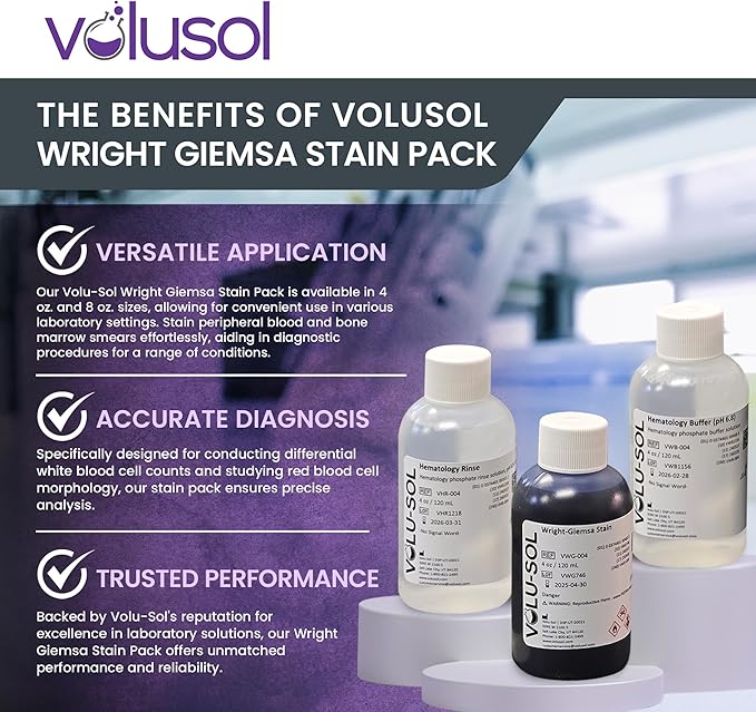 Volu-Sol Wright Giemsa Stain Pack (Wright Giemsa Buffer Rinse) Romanowsky Stain for Blood Smears - Conduct Differential WBC Counts and Explore RBC Morphology - 4 oz (118 ml)