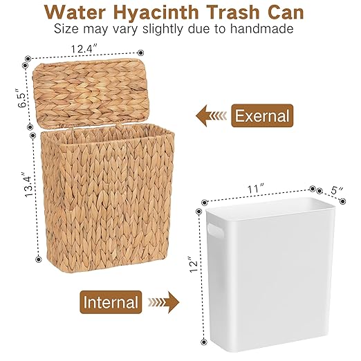 Wicker Trash Can Bathroom Trash Can with Lid 3 Gallon Natural Water Hyacinth Waste Basket with Removable Liner for Bedroom Living Room Toilet Under Sink