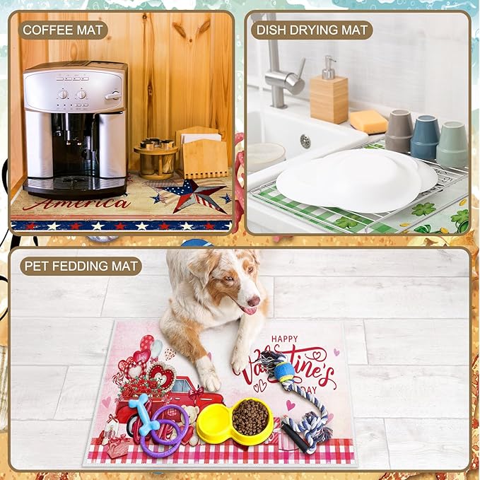 Nuanchu 6 Pcs Seasonal Dish Drying Mats for Kitchen Counter 24x 16 Easter 4th of July Valentine St. Patrick's Day Microfiber Drainer Mat Large Holiday Spring Summer Washable Mat for Home Accessories