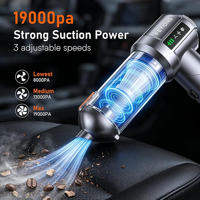 Handheld Car Vacuum Cordless3 Suction ModesPortable Mini Cordless Cleaner with 19000pa Suction PowerType-C ChargeHandheld Vacuum for CarHomeOffice