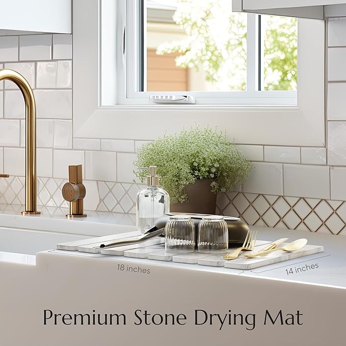 Stone Drying Mat for Kitchen Counter - Collapsible Diatomaceous Earth Dish Drying Stone - Fast Absorbent Stone Dish Drying Mat for Dishes and Pots (White Marble)