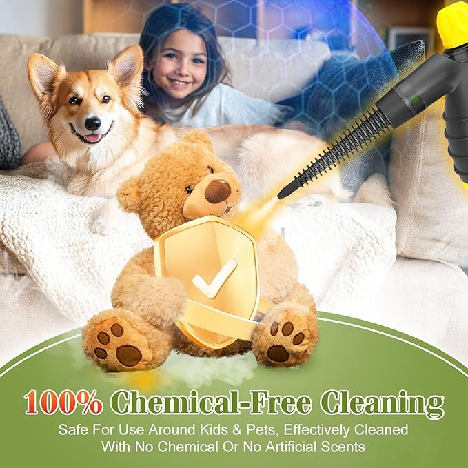 Handheld Steam Cleaner - 275°F High-Temp Fast Heating Multi-Surface Steamer for Cleaning 100% Chemical-Free Pet Safe Portable Steam Cleaner for Home/Bath/Window/Car Detailing/Upholstery/Couch/Grout
