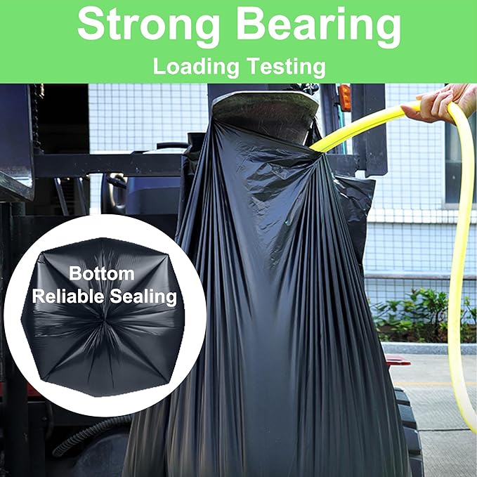 65 Gallon Trash Bags Heavy Duty 1.2 Mil 60 Count Bulk with 4 Innovative Flap Ties | Compatible with Rubbermaid Brute 65 Gallon Rollout Trash Can Bin | Tear &amp Leak Resistant Black