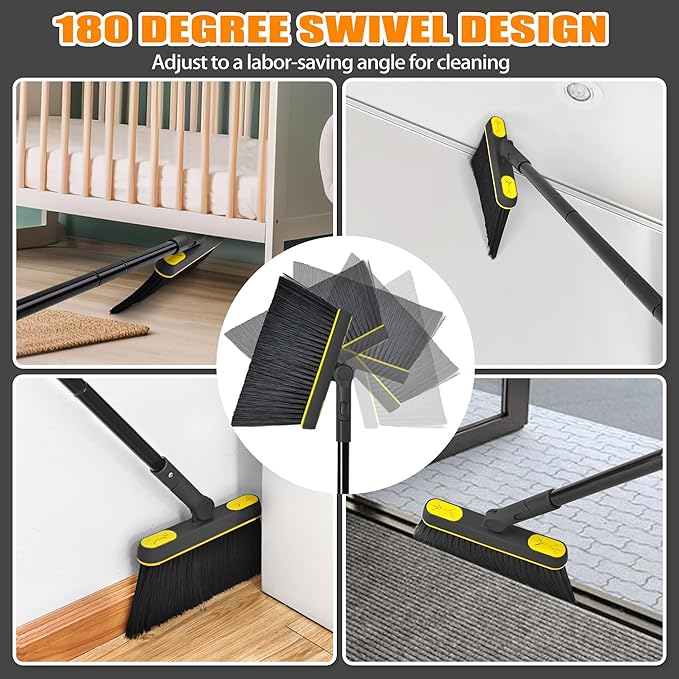 JEHONN Broom and Dust Pan 54.3 inches Long Handle Swivel Brush Upright Foldable Dustpan with Comb Teeth for Home Kitchen Lobby Indoor Floor Cleaning (Black &amp Yellow)