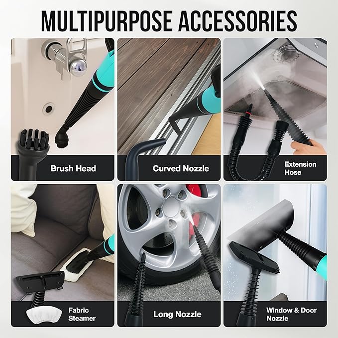 Comforday Multi-Purpose Handheld Pressurized Steam Cleaner with 9-Piece Accessories Handheld Steamer Perfect for Stain Removal Curtains Car Seats Floor Bathroom Window Cleaning (Light blue)