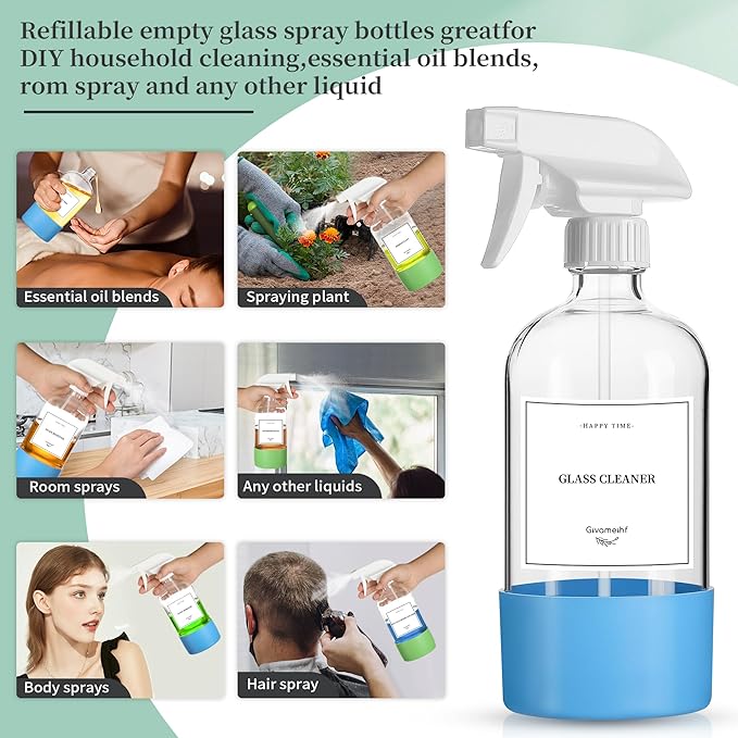 16oz Clear Glass Spray Bottles6 Pack Glass Spray Bottles Refillable Empty Bottle with Adjustable NozzleSpray Bottle for Essential OilsCleaningPetsHair Mister