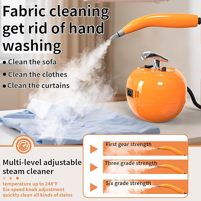 2000W Handheld Steam Cleaner 248°F High Temperature Multipurpose Steam Cleaners with 1500ml Tank 6 Adjustable Gear for Home Kitchen Grease Car Cleaning Orange