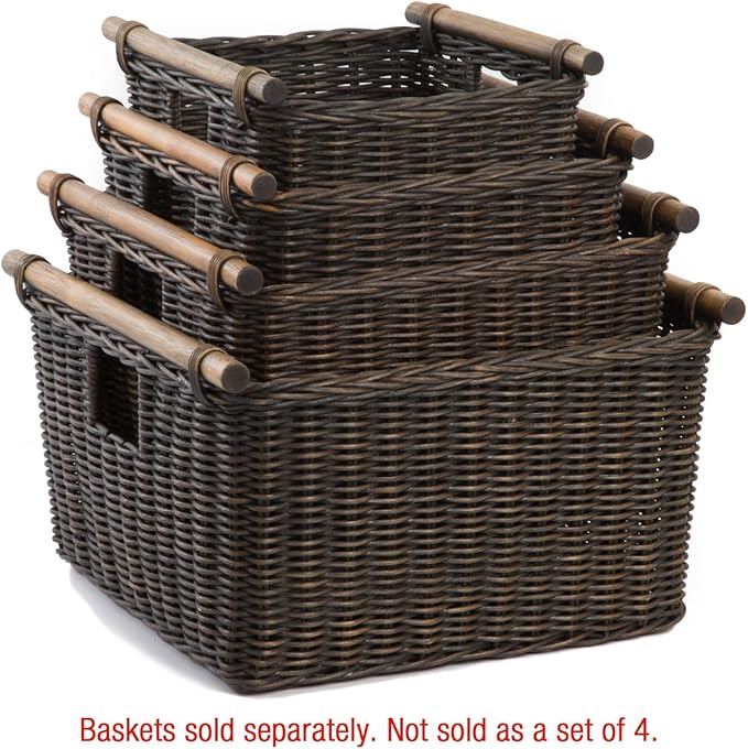 The Basket Lady Deep Pole Handle Wicker Storage Basket Large 15 in L x 15.5 in W x 9.5 in H Antique Walnut Brown