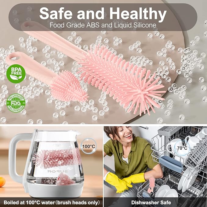 6 in 1 Bottle Cleaning Brush Set with Silicone Bottle Brush Nipple Brush Straw Brush Soap Dispenser Drying Rack for Baby Bottle and Water Bottle Space Saving Baby Essentials for Home and Travel