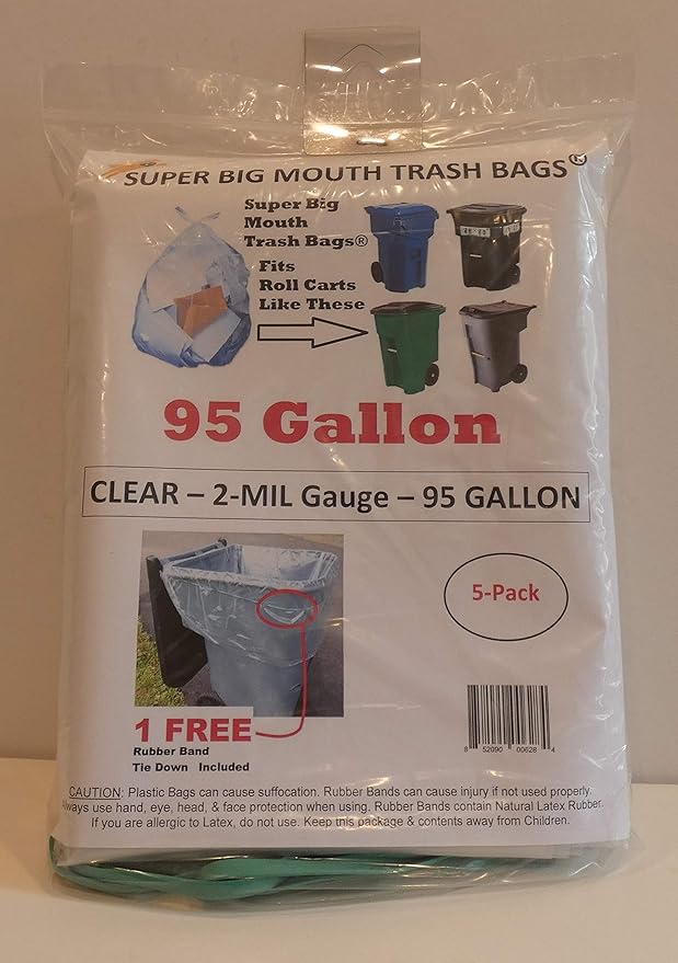 95 Gallon CLEAR Super Big Mouth Trash Bags - 2-MIL - 5-PACK Plus 1 Free Rubber Band Tie-Down