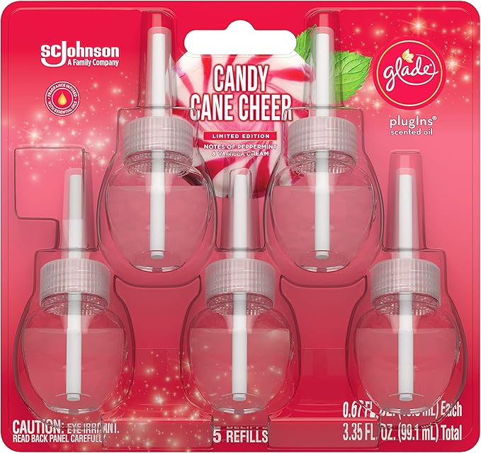 Glade PlugIns Refills Air Freshener Scented and Essential Oils for Home and Bathroom Candy Cane Cheer 3.35 Fl Oz 5 Count