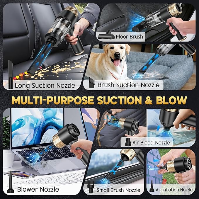 JONYJ Handheld Car Vacuum Cleaner 16000PA Hand Held Vacuum Portable Cordless 2 in 1 Air Duster and Vacuum Cleaner with LED Light Multi-Nozzles 120W High Power Mini Vacuum for Home Pet Office