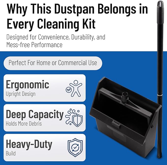 SPARTA Plastic Dust Pan Upright Pan With 2 Piece Handle For Cleaning 11 X 12 X 3.5 Inches Black