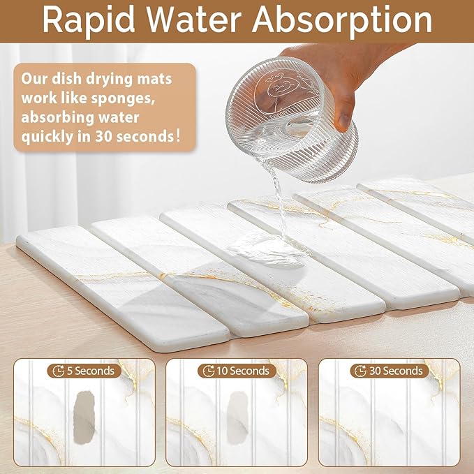 Small Stone Dish Drying Mat for Kitchen Counter 15.7×12 &amp 8x4 Quick Dry Stone Mats Foldable Water Absorbing Diatomaceous Earth Drying Dish Pad for Countertop Bottles Utensils Cup(Gold White)