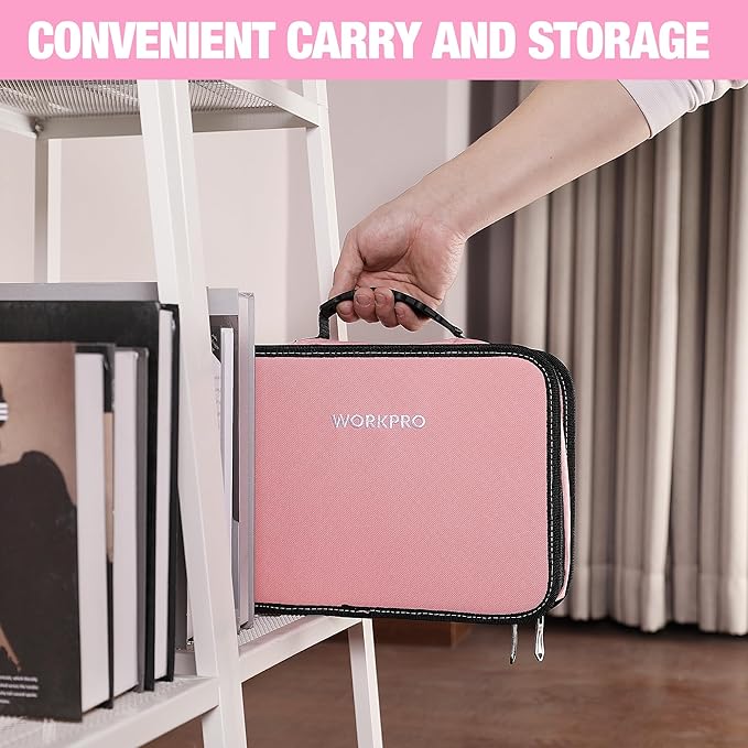 WORKPRO Pink Tool Set - 100 Pieces Pink Tool Kit with Easy Carrying Pouch Household Tool Kit for Home Apartment Office College Perfect for DIY Projects Home Maintenance - Pink Ribbon