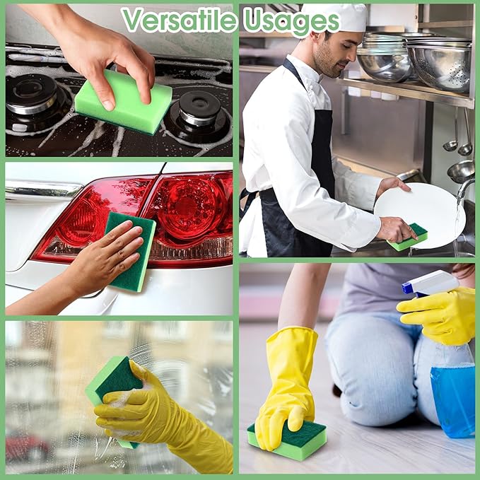 Tioncy 100 Pcs Individually Wrapped Sponges Bulk Kitchen Green Non Scratch Scrub Sponges Dual Sided Cleaning Scrubber for Household Washing Dishes Pots Pans Sinks Stoves Appliances Car Bike