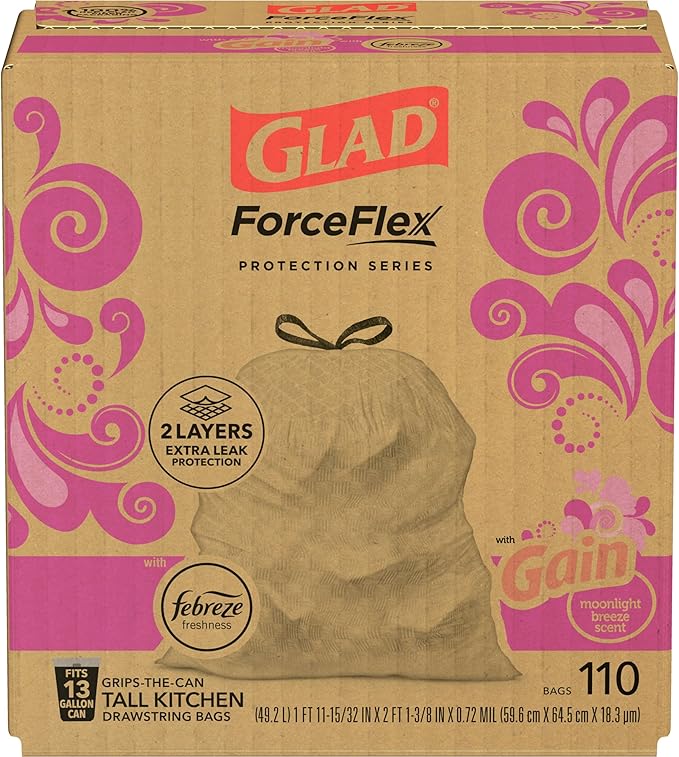 Glad ForceFlex Tall Kitchen Trash Bags 13 Gal Gain Moonlight Breeze 110 Ct Pack May Vary