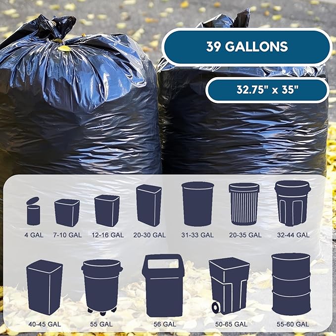 39 Gallon Trash Bags Heavy Duty | 100 Bags | Black Garbage Bags | 1.5 Mil | Made in USA