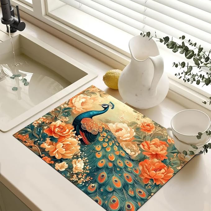 Stove Top Cover for Electric Stove 28x20 Inch Diatomite Dish Drying Mat Glass Top Burner Protector Kitchen Counter Mat Peacock Kitchen Decor Stove Pad Stove Top Mat