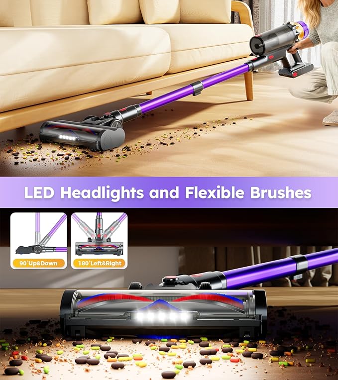 Cordless Vacuum Cleaner 500W 50KPA 60Mins Vacuum Cleaners for Home Self-Standing Stick Vacuums with LED Display Anti-Tangle Lightweight Rechargeable Wireless Vacumm for Pet Hair Carpet Floor