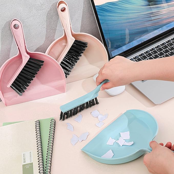 Sliner 18 Pack Mini Dustpan and Brush Set Plastic Dust Pans with Brush Small Broom and Dustpan Set Mini Broom Dust Pan for Home Office Kitchen Table Desktop Floor Cleaning Supplies(Blue PinkBeige)