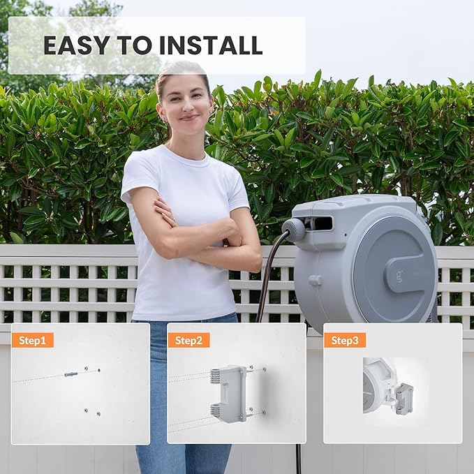 Giraffe Tools Retractable Garden Hose Reel 5/8 in x 90 ft Heavy Duty Hose Reel With 9 Pattern Nozzle Any Length Lock Wall Mount Water Hose Reel 180°Swivel Light Grey