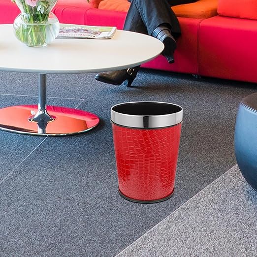 Pu Leather Trash Bin Office Trash Can Lidless Garbage Bin Toilet Paper Basket Sundries Container Recycling Bucket for Kitchen Office Bedroom 5l Red