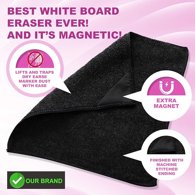 Tudomro 30 Pcs Magnetic Microfiber Cleaning Cloth Dry Erasers Bulk for Most Whiteboards Dry Erase Cloth Cleaner Reusable Home Office 10'' x 10''(Black)