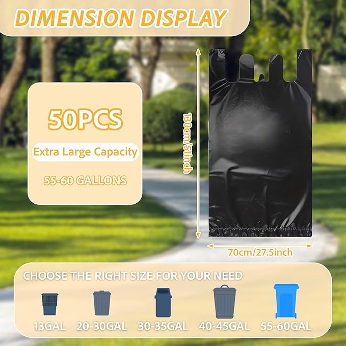 TREWAVE 50 Count 55-60 Gallon Trash Bags with Handles Heavy-Duty Thick Large Black Garbage Bags 50 Mic Jumbo Size Plastic T Shirt Bag for Outdoor Yard Construction Industrial and Commercial Use