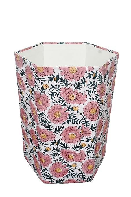 3.3 Gallon Cotton Hand Block Printed Paper Waste Basket |Small Decorative Trash Can for Housewarming Gifts in Living Room Bedroom Bathroom | Eco-Friendly Plastic-Free (1 Green Pink Sun FLOWAR)