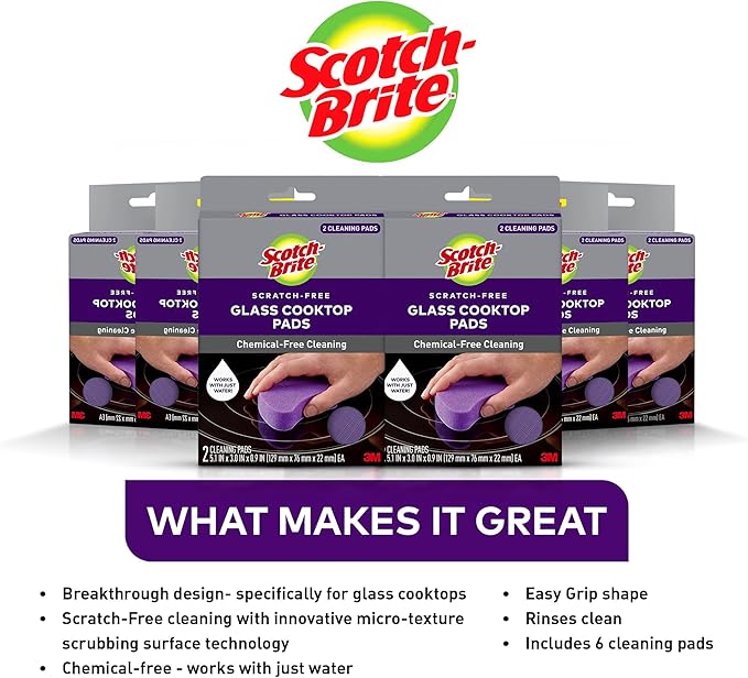 Scotch-Brite Glass Cooktop Pads Scratch-Free &amp Non-Abrasive Scrubbers for Glass or Ceramic Stovetops Cleans Burnt-On Messes with Just Water Reusable Dishwasher-Safe Design (12 Pads)