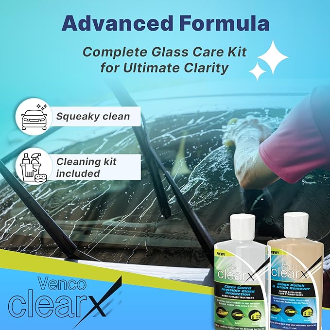 Venco Clear X Multi-Surface Glass Polish - Advanced Oxidation &amp Water Spot Remover with Clear Guard Technology - Perfect for Yachts Home Windows RVs &amp Car Windshields - Made in the USA - 4oz