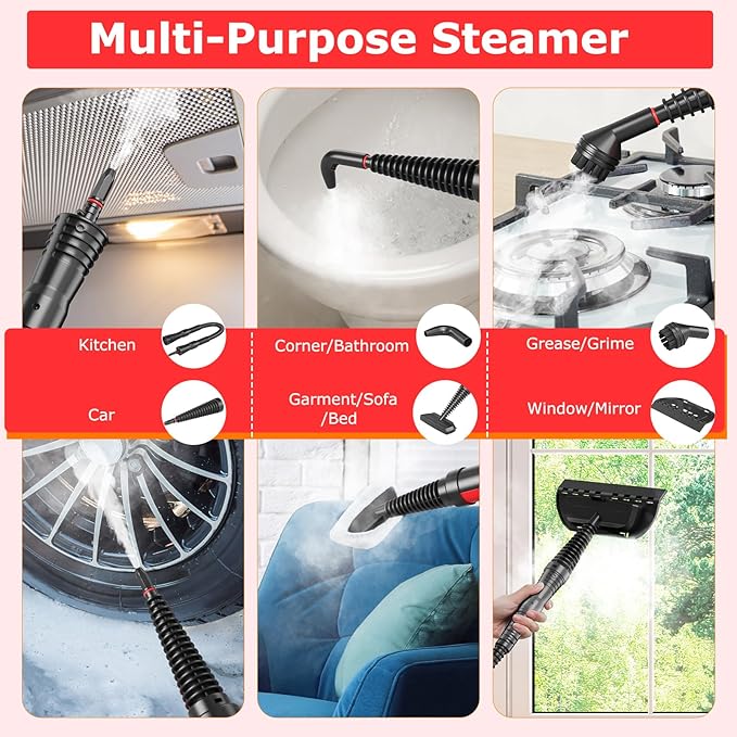 COSTWAY Handheld Steam Cleaner 1050W Portable Household Steamer with 9 Accessories 12 oz Water Tank Multipurpose Pressurized Steam Cleaning Machine for Floor Window Grease Grime (Red)