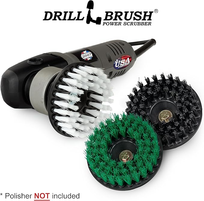 Drillbrush Construction Tools - Soft Medium Ultra Stiff - 3 Scrub Brush Kit - Threaded 5/16 x 24 - Fits Electric - Cordless - Air Pneumatic - Dual Action Orbital Polisher Machine - Rotary - Buffer