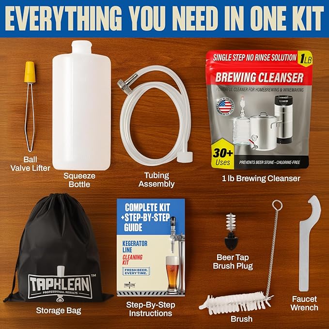 Kegerator Cleaning Kit with 1 LB Beer Line Cleaner Made in USA – 30+ Uses Complete Keg Cleaning Kit with Metal Coupler Squeeze Bottle Wrench Detailed Instructions Storage Bag &amp Beer Tap Brush