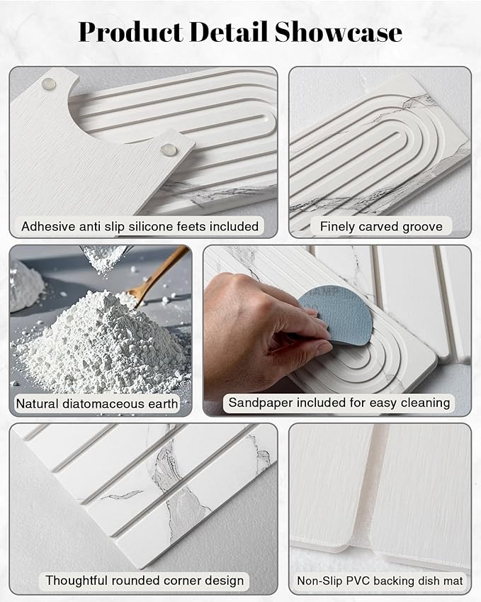 3PCS Set Large Stone Drying Mat for Kitchen Counter Foldable Collapsible Fast Drying Stone Dish Mat Water Absorbing Natural Diatomaceous Earth Bath Mat Quick Dry Stone Tray Bathroom Countertop Marble