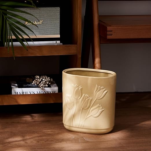 Beige Ceramic Tulips Small Bathroom Trash Can 2.6 Gal (10 Liter) - Heavy &amp Decorative Garbage Bin for Bathroom Kitchen Office Bedroom &amp Living Room Corner