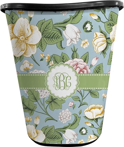 Personalized Vintage Floral Waste Basket - Double Sided (Black)