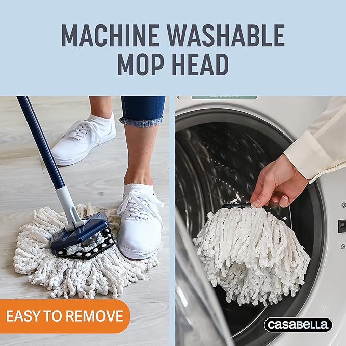 Casabella Spin Mop System with Extra Mop Head Refill - Two-Bucket Design with Splash Guard Built-in Measuring Cup and Scraper Tool with Easy Wring Pedal Spinner 1.25-Gallon Blue