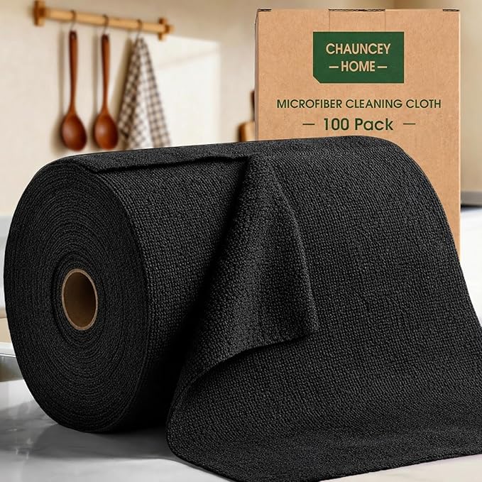 Microfiber Cleaning Cloth Roll - 100 Pack Tear Away Microfiber Paper Towels Reusable Washable Scratch-Free Kitchen Towels for Car Home Kitchen Glass Dishes (Black)