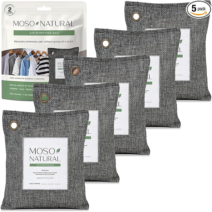 Moso Natural Air Purifying Bag 200g (5 Pack) HGTV Editor's Pick | Premium Bamboo Charcoal Odor Absorber for Home &amp Car | Closet Odor Eliminator &amp Car Air Freshener | Long Lasting Charcoal Bags
