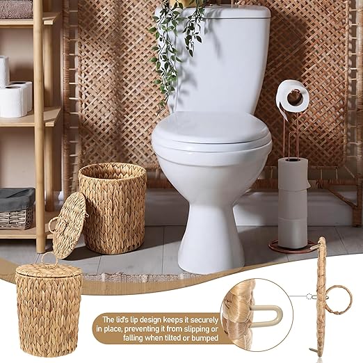 Wicker Waste Basket Water Hyacinth Bathroom Garbage Can with a Lid Small Decorative Boho Trash Can Compact Rattan Woven Bin for Household Kitchen Bedroom Office Living Room