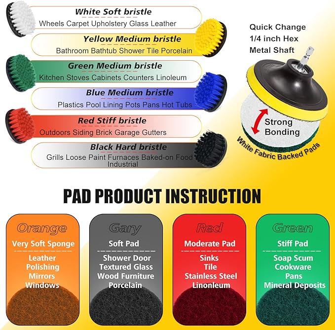 Shieldpro 45 Piece Drill Brush Attachment Set All Purpose Power Clean Scrubber Brush Scrub Pads &amp Sponge with Extend Long Attachment for Bathroom KitchenGroutTubTileCorners Auto