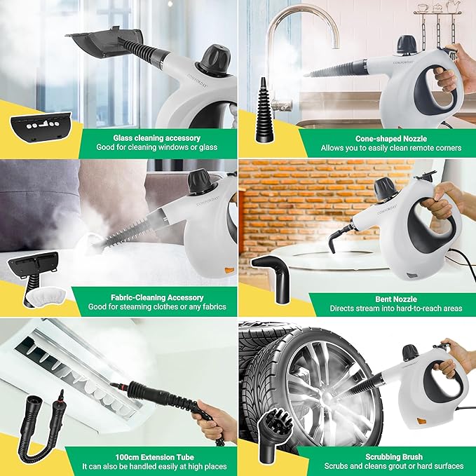 Comforday Multi-Purpose Steam Cleaner with 9-Piece Accessories Pressurized Handheld Steam Cleaner Perfect for Stain Removal Curtains Car Seats Floor Bathroom (White)