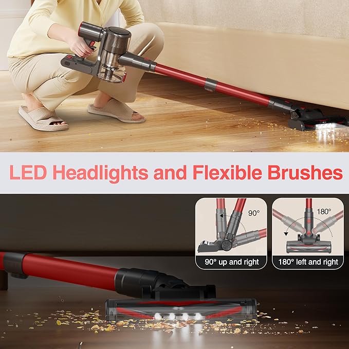 Zefiro Cordless Vacuum Cleaner45Mins Runtime Vacuum Cleaners for Home Anti-Tangle and 1.5L Dust Cup Lightweight Vacuum for Hardwood Floor Carpet Pet Hair