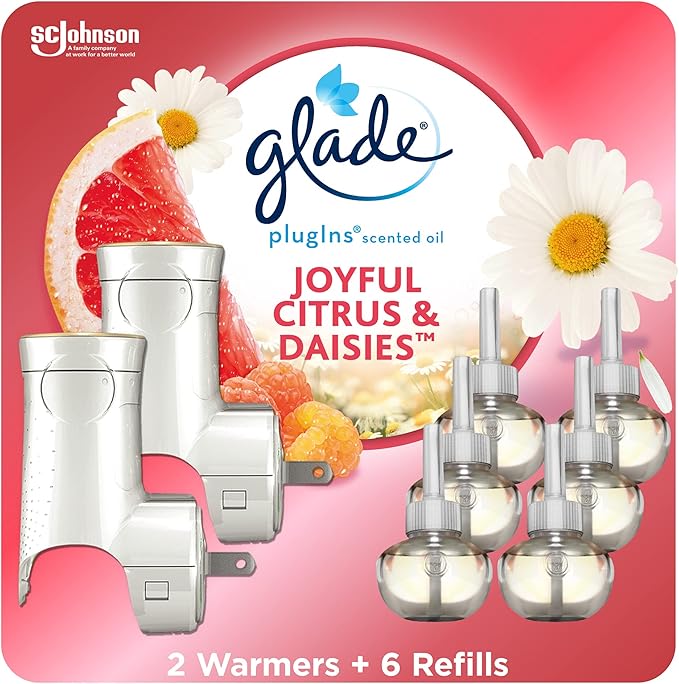 Glade PlugIns Refills Air Freshener Starter Kit Scented and Essential Oils for Home and Bathroom Joyful Citrus &amp Daisies 4.02 Fl Oz 2 Warmers + 6 Refills