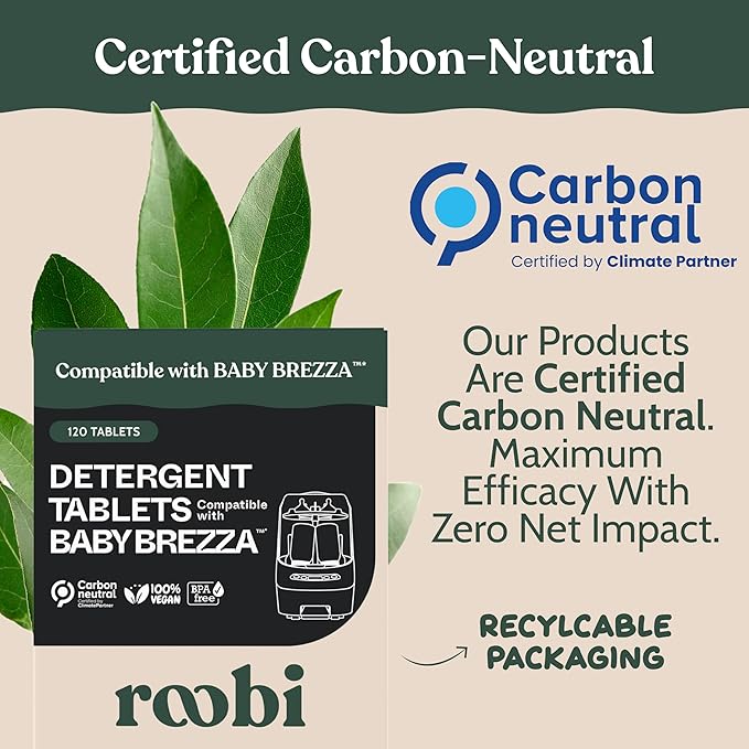 Roobi Detergent Tablets Compatible with Baby Brezza Bottle Washer Pro. Removes Milk Residue &amp Odor Hypoallergenic Carbon Neutral Formula. 120 Count.